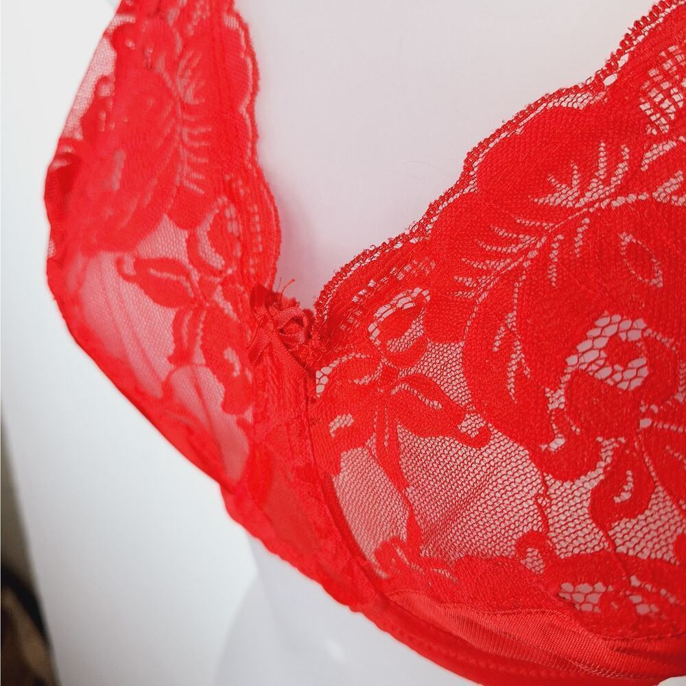 Vintage Victoria's Secret Gold Label Bra Lace 36DD Coral Red USA Nylon Underwire - Picture 3 of 11